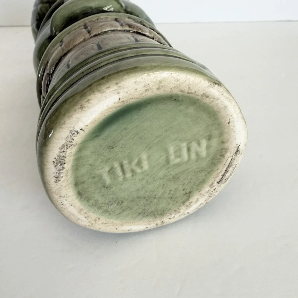 Tiki Lin Hawaiian Green Ugly Face Teeth Ceramic Cocktail Bar Vase Polynesian